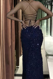 kamahe Navy Blue Sequin Long Prom Dresses Mermaid Cross Back Evening Party Dresses