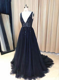 Solvbao Navy Blue V-neckline Beaded  Long Prom Dress, Chic Tulle Sparkle Formal Dress Party Dress