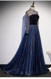 solvbao Navy Blue Long Sleeves Shiny Sparkle Long Evening Dress, Sequins Blue Wedding Party Dress