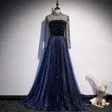 solvbao Navy Blue Long Sleeves Shiny Sparkle Long Evening Dress, Sequins Blue Wedding Party Dress