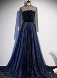 solvbao Navy Blue Long Sleeves Shiny Sparkle Long Evening Dress, Sequins Blue Wedding Party Dress