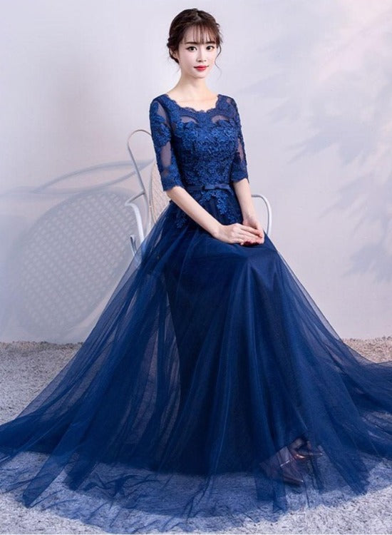 Solvbao Navy Blue Lace and Tulle Lovely Round Neckline Party Dress, A-line Blue Prom Dress Bridesmaid Dress