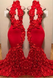 kamahe New Arrival Red Keyhole Mermaid Flowers Halter Sleeveless Long Prom Dresses