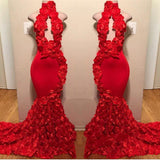 kamahe New Arrival Red Keyhole Mermaid Flowers Halter Sleeveless Long Prom Dresses