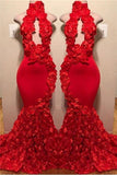 kamahe New Arrival Red Keyhole Mermaid Flowers Halter Sleeveless Long Prom Dresses