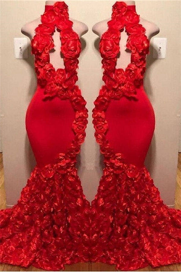 kamahe New Arrival Red Keyhole Mermaid Flowers Halter Sleeveless Long Prom Dresses