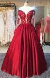 kamahe New Arrival Red Prom Dresses Off-the-Shoulder Lace Appliques Long Sleevess Puffy Evening Gowns