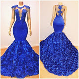 kamahe New Arrival Royal-Blue Flowers Mermaid Sleeveless With lace Appliques Prom Dresses