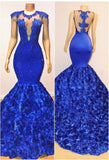 kamahe New Arrival Royal-Blue Flowers Mermaid Sleeveless With lace Appliques Prom Dresses