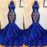 kamahe New Arrival Royal Blue Halter Mermaid Prom Dresses Gorgeous Sleeveless Flowers Long Evening Gowns