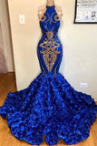 kamahe New Arrival Royal Blue Halter Mermaid Prom Dresses Gorgeous Sleeveless Flowers Long Evening Gowns