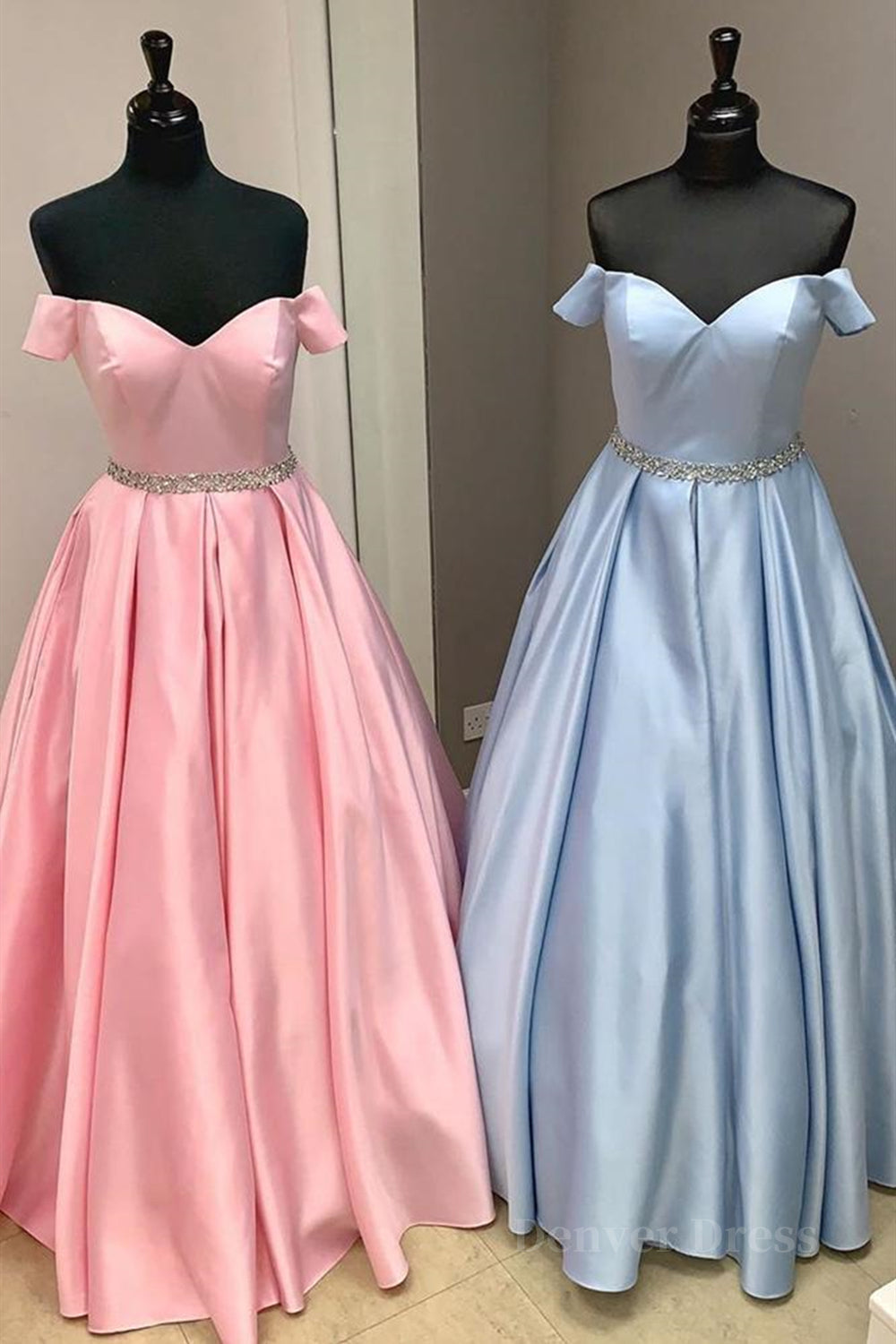 kamahe Off Shoulder Blue Long Prom Dresses with Belt, Pink Formal Dresses, Blue Evening Dresses