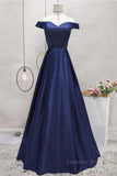 kamahe Off Shoulder Blue Satin Long Prom Dress, Off Shoulder Blue Formal Dress, Blue Evening Dress