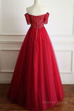 kamahe Off Shoulder Burgundy Lace Long Prom Dresses, Burgundy Lace Formal Dresses, Burgundy Evening Dresses