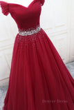 kamahe Off Shoulder Burgundy Tulle Long Prom Dresses with Sequins, Burgundy Tulle Formal Evening Dresses