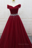 kamahe Off Shoulder Burgundy Tulle Long Prom Dresses with Sequins, Burgundy Tulle Formal Evening Dresses