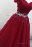 kamahe Off Shoulder Burgundy Tulle Long Prom Dresses with Sequins, Burgundy Tulle Formal Evening Dresses