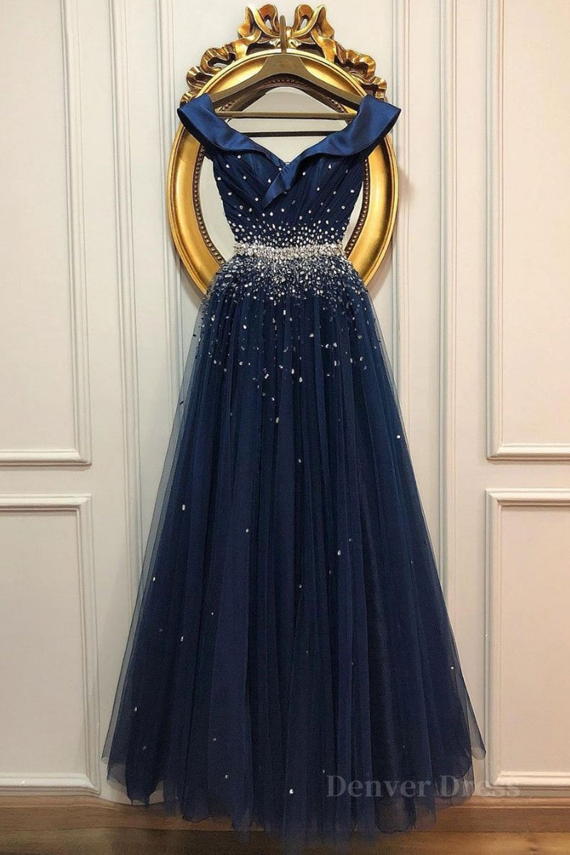 kamahe Off Shoulder Sequins Dark Blue Long Prom Dress, Dark Blue Formal Dress, Off Shoulder Evening Dress