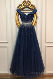 kamahe Off Shoulder Sequins Dark Blue Long Prom Dress, Dark Blue Formal Dress, Off Shoulder Evening Dress