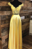 kamahe Off Shoulder Two Pieces Lace Yellow Long Prom Dress, Off the Shoulder Yellow Lace Formal Dress, Two Pieces Yellow Lace Evening Dress