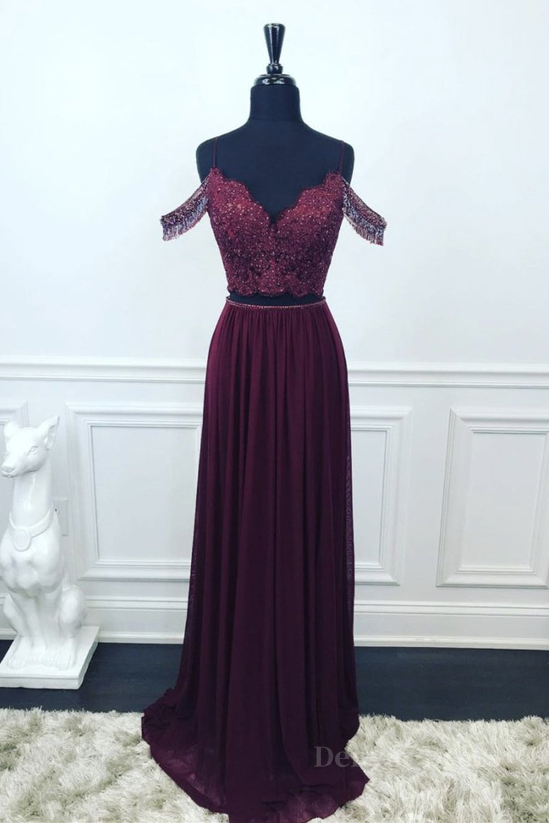 kamahe Off Shoulder Two Pieces Purple Lace Long Prom Dress, 2 Pieces Purple Formal Dress, Purple Lace Evening Dress