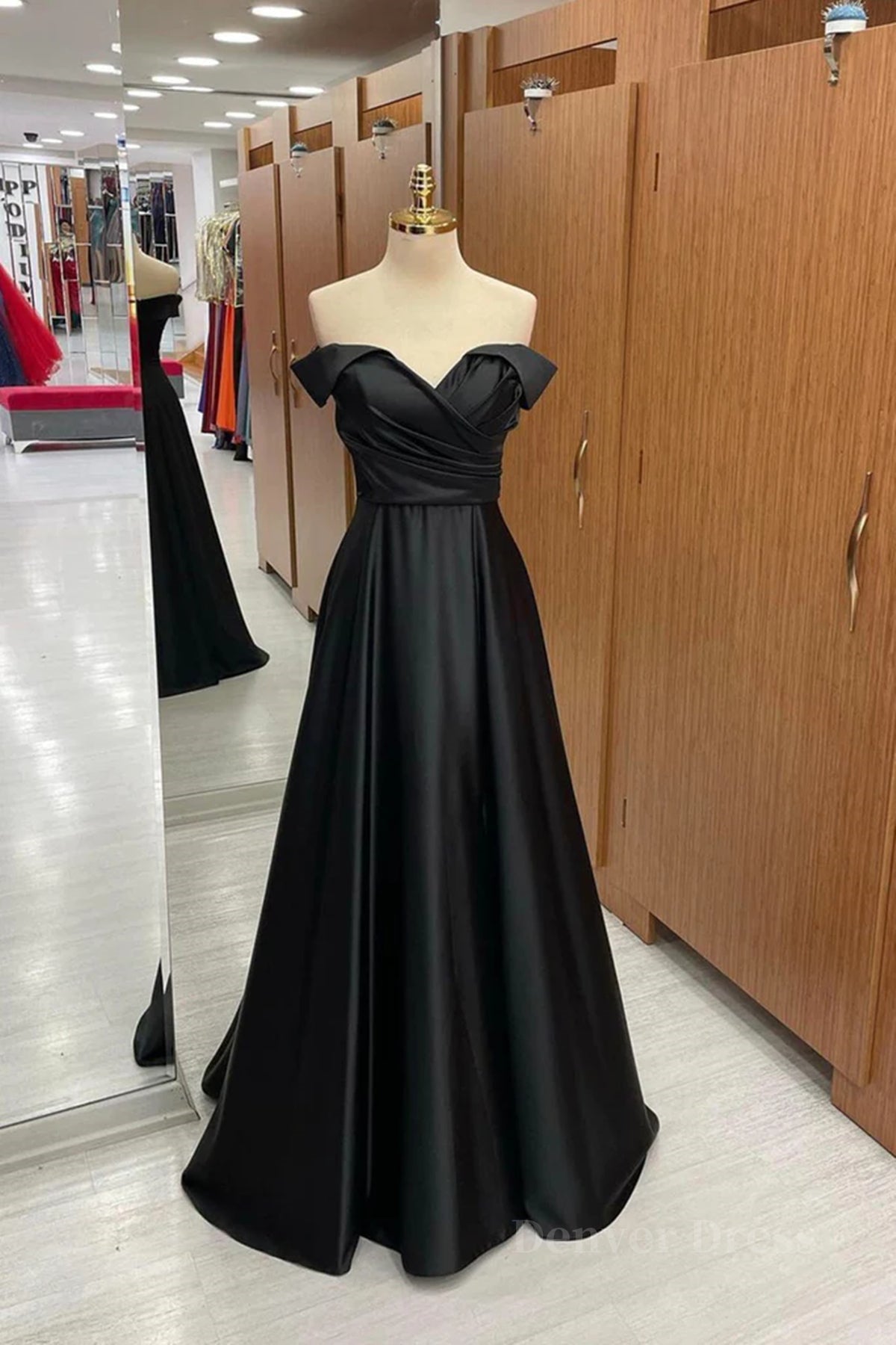 kamahe Off the Shoulder Black Satin Long Prom Dresses, Black Off Shoulder Formal Evening Dresses