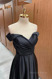 kamahe Off the Shoulder Black Satin Long Prom Dresses, Black Off Shoulder Formal Evening Dresses