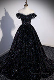 kamahe Off the Shoulder Black Sequin Prom Dresses, Black Long Formal Evening Dresses