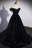 kamahe Off the Shoulder Black Sequin Prom Dresses, Black Long Formal Evening Dresses