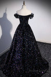 kamahe Off the Shoulder Black Sequin Prom Dresses, Black Long Formal Evening Dresses