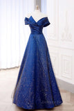 kamahe Off the Shoulder Blue Long Prom Dresses, Off Shoulder Long Formal Evening Dresses