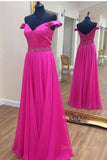 kamahe Off the Shoulder Fuchsia Long Prom Dresses with Belt, Off Shoulder Fuchsia Formal Evening Dresses