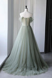 kamahe Off the Shoulder Green Tulle Long Prom Dresses, Green Tulle Off Shoulder Formal Evening Dresses