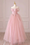 kamahe Off the Shoulder Pink Tulle Prom Dresses, Pink Tulle Long Formal Graduation Dresses