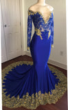 kamahe Off-the-Shoulder Royal Blue Prom Dresses Gold Lace Appliques Chic Evening Dress with Sleeve