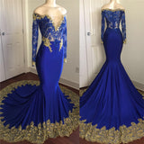 kamahe Off-the-Shoulder Royal Blue Prom Dresses Gold Lace Appliques Chic Evening Dress with Sleeve