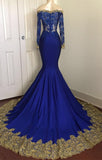 kamahe Off-the-Shoulder Royal Blue Prom Dresses Gold Lace Appliques Chic Evening Dress with Sleeve