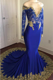 kamahe Off-the-Shoulder Royal Blue Prom Dresses Gold Lace Appliques Chic Evening Dress with Sleeve