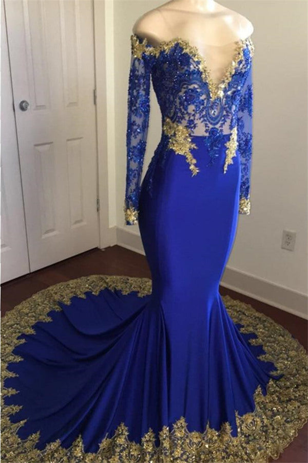 kamahe Off-the-Shoulder Royal Blue Prom Dresses Gold Lace Appliques Chic Evening Dress with Sleeve