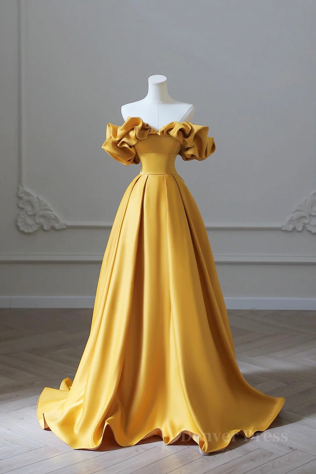 kamahe Off the Shoulder Yellow Satin Long Prom Dresses, Off Shoulder Yellow Long Formal Evening Dresses