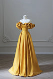 kamahe Off the Shoulder Yellow Satin Long Prom Dresses, Off Shoulder Yellow Long Formal Evening Dresses