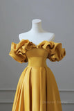 kamahe Off the Shoulder Yellow Satin Long Prom Dresses, Off Shoulder Yellow Long Formal Evening Dresses