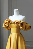 kamahe Off the Shoulder Yellow Satin Long Prom Dresses, Off Shoulder Yellow Long Formal Evening Dresses