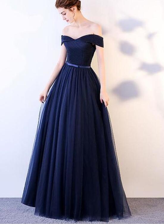 solvbao Navy Blue Tulle Prom Dress , Off Shoulder Prom Dress with Belt, Long Formal Dress