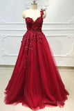 kamahe One Shoulder 3D Floral Burgundy Lace Long Prom Dress, Burgundy Lace Appliques Formal Graduation Evening Dress