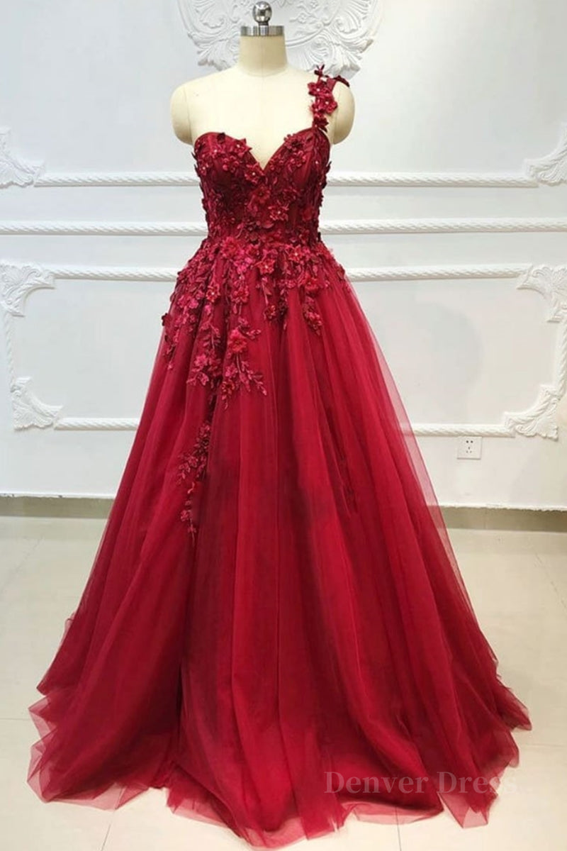 kamahe One Shoulder 3D Floral Burgundy Lace Long Prom Dress, Burgundy Lace Appliques Formal Graduation Evening Dress