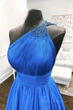 kamahe One Shoulder Backless Blue Chiffon Long Prom Dress, Beaded Blue Long Formal Evening Dress