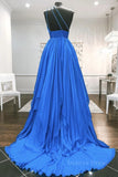 kamahe One Shoulder Backless Blue Chiffon Long Prom Dress, Beaded Blue Long Formal Evening Dress