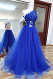 kamahe One Shoulder Backless Royal Blue Lace Long Prom Dress, Royal Blue Lace Formal Dress, Backless Royal Blue Evening Dress