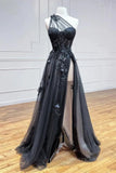 kamahe One Shoulder Black Lace Prom Dresses, One Shoulder Black Lace Formal Evening Dresses